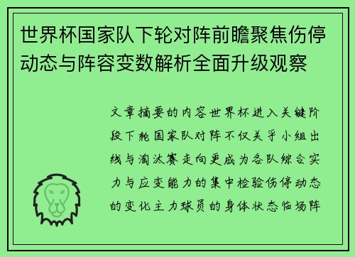 世界杯国家队下轮对阵前瞻聚焦伤停动态与阵容变数解析全面升级观察