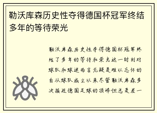 勒沃库森历史性夺得德国杯冠军终结多年的等待荣光