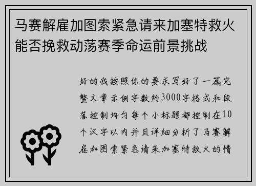 马赛解雇加图索紧急请来加塞特救火能否挽救动荡赛季命运前景挑战